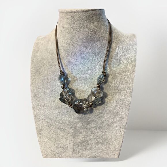 Cindy Ensor Designs Leather Hand Knotted Blue & Gray Crystal Cluster Necklace - Picture 1 of 6